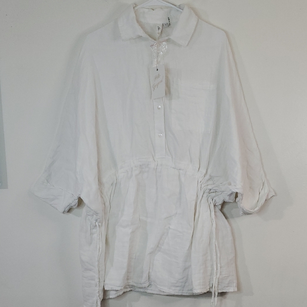 NWT Elan Oversized Cotton Tunic Top Size Small Cinched Waist White Button Down